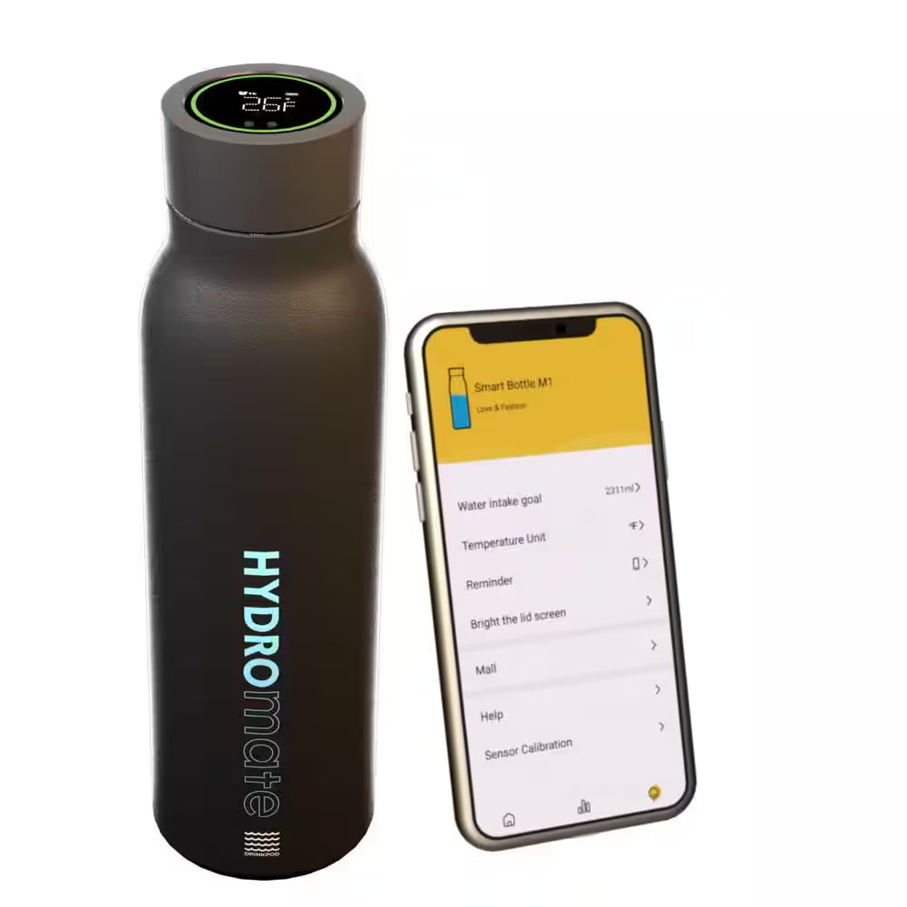 Hydromate 20 Oz. Black Stainless Steel Vacuum Insulated Hydration Water Bottle with Tracking App and Reminder Settings