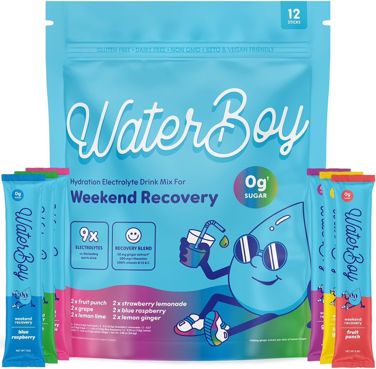 Weekend Recovery Sample Pack | 3,200Mg Electrolyte Powder Packets | Ginger + L-Theanine + Vitamins | No Sugar, All Natural, Gluten Free | 12 Drink Stick Mixes (Sample Pack)