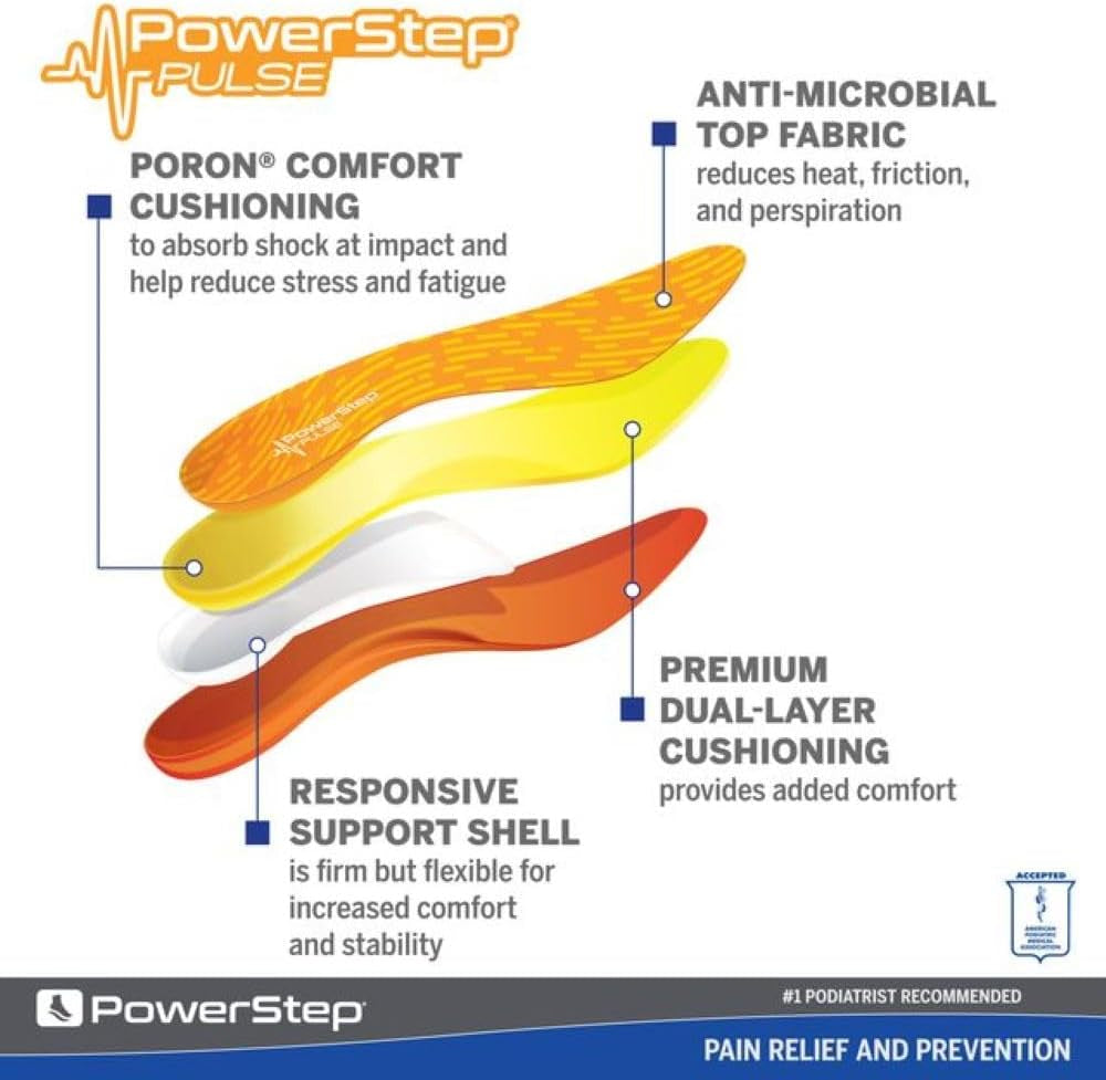 Insoles, Pulse Performance, Running Shoe Pain Relief Insert, Athletic Arch Support Orthotic for Women and Men (M 12-13)